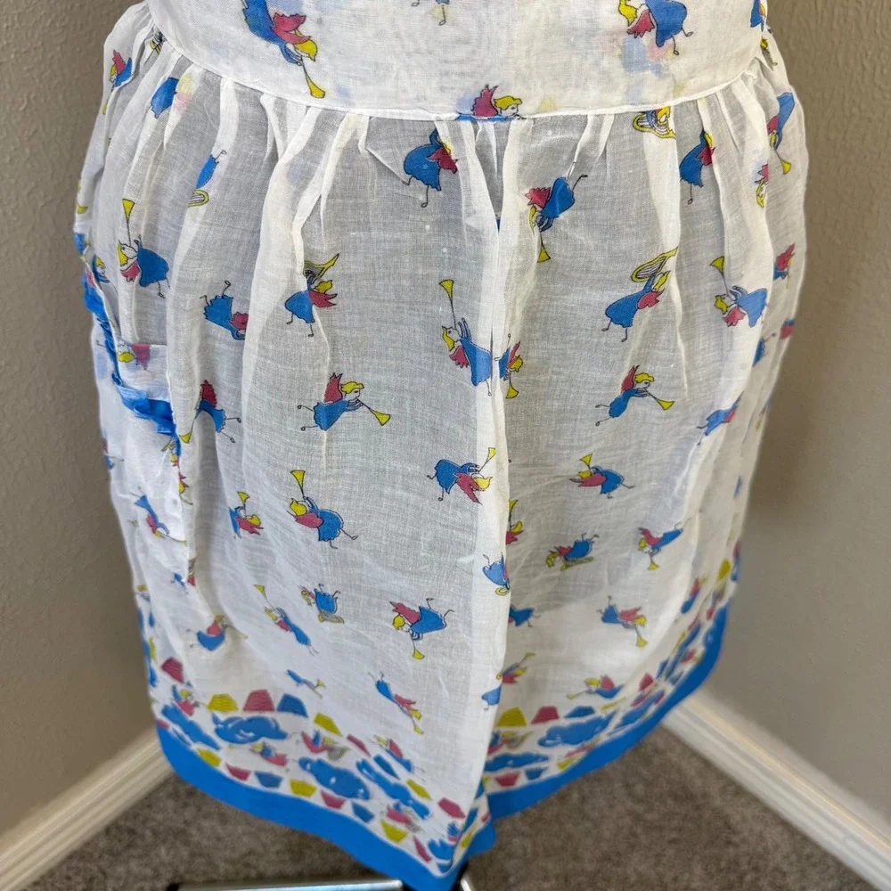 Vintage Angel Novelty Print Half Apron White‎ Blue Sheer Retro Kitchen Pocket